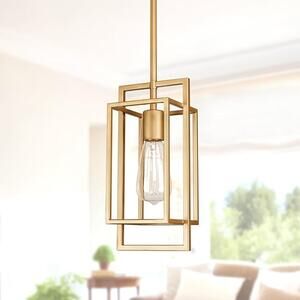 New Muted Gold Pendant Lighting Fixture with Geometric Metal Cage